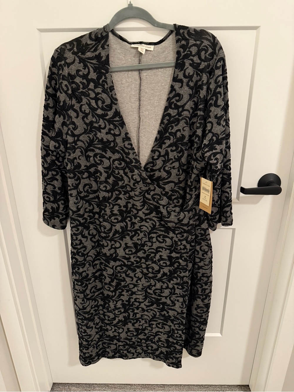 Coldwater Creek Jacquard Wrap Dress Women 20 Gray Black Travel Knit USA Made NWT